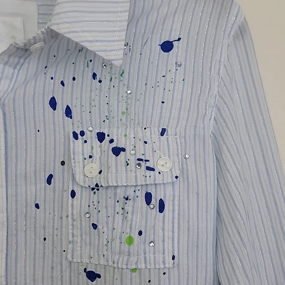 Justice Blue & Silver Striped Paint Splatter Long Sleeve Shirt Girls
